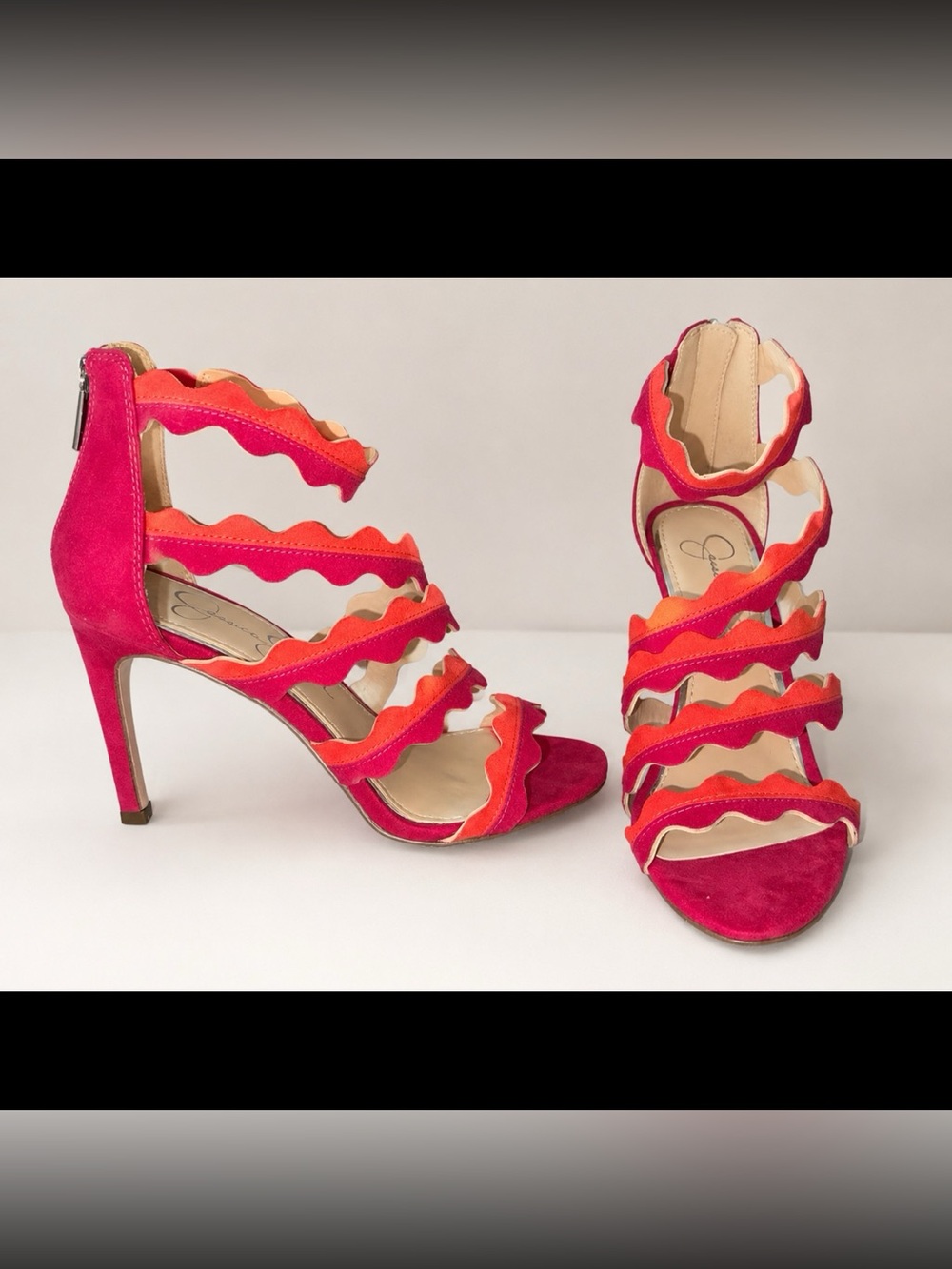 Jessica Simpson Scalloped Strappy High Heels in Fuchsia & Coral